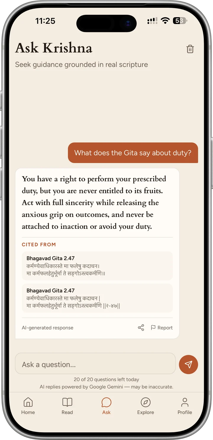 Ask Krishna answering what the Gita says about duty, citing Bhagavad Gita 2.47