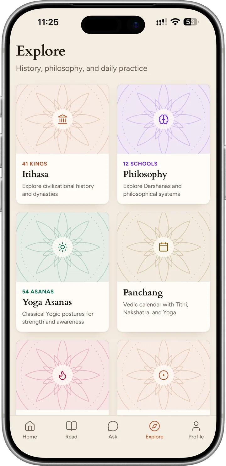 The Explore tab: Itihasa, Philosophy, Yoga Asanas and Panchang